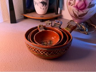 4 Mexican Nesting Bowls Red Clay Pottery Terracotta Hand Painted Vintage