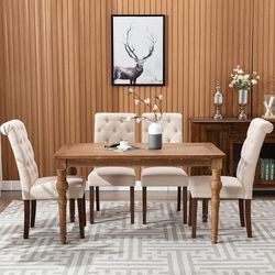 Tufted Dining Chairs. Elegant Fabric Side Upholstered Parsons, Wood legs.Beige
