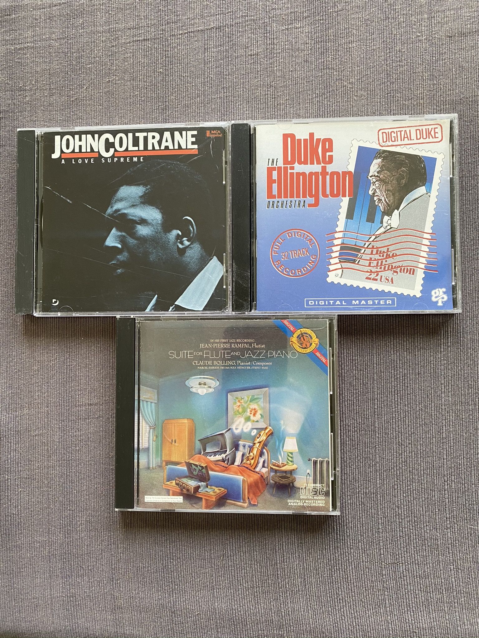 Jazz Music Greats Ellington, Coltrane and Bolling/Rampal, lot of 3 CDs, new/excellent condition. The Duke Ellington Orchestra, Digital Duke. John Col