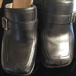 Danielle Black Leather Slip-on clog with faux strap square toe 8M wedge heel