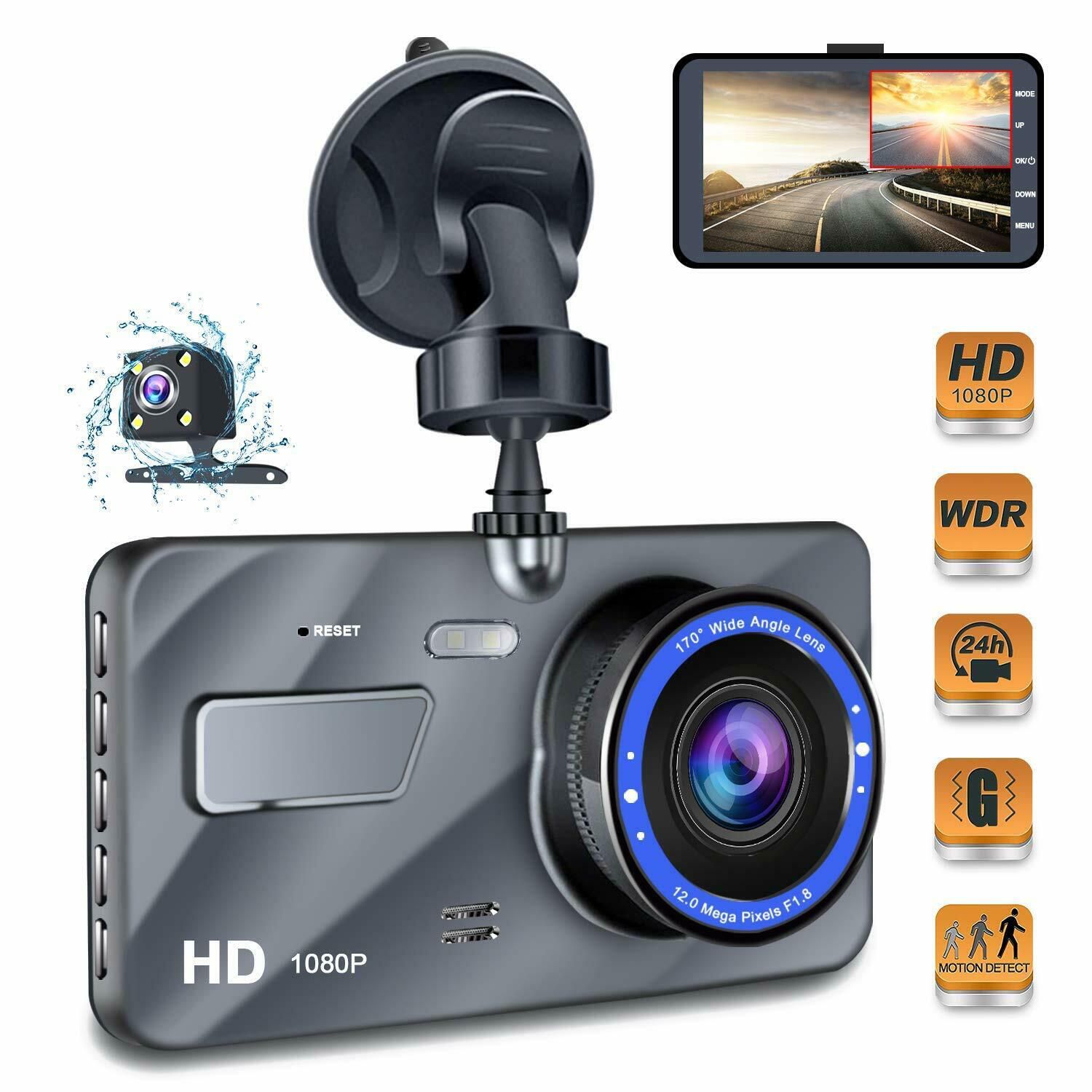 Dash Cam Car Dashboard Camera - Full HD 1080p Car Dashboard Camera，4“IPS Screen Dual Wide Angle Lens Car Dash Cam，G-Sensor，Cycle Recording，WDR，Parkin