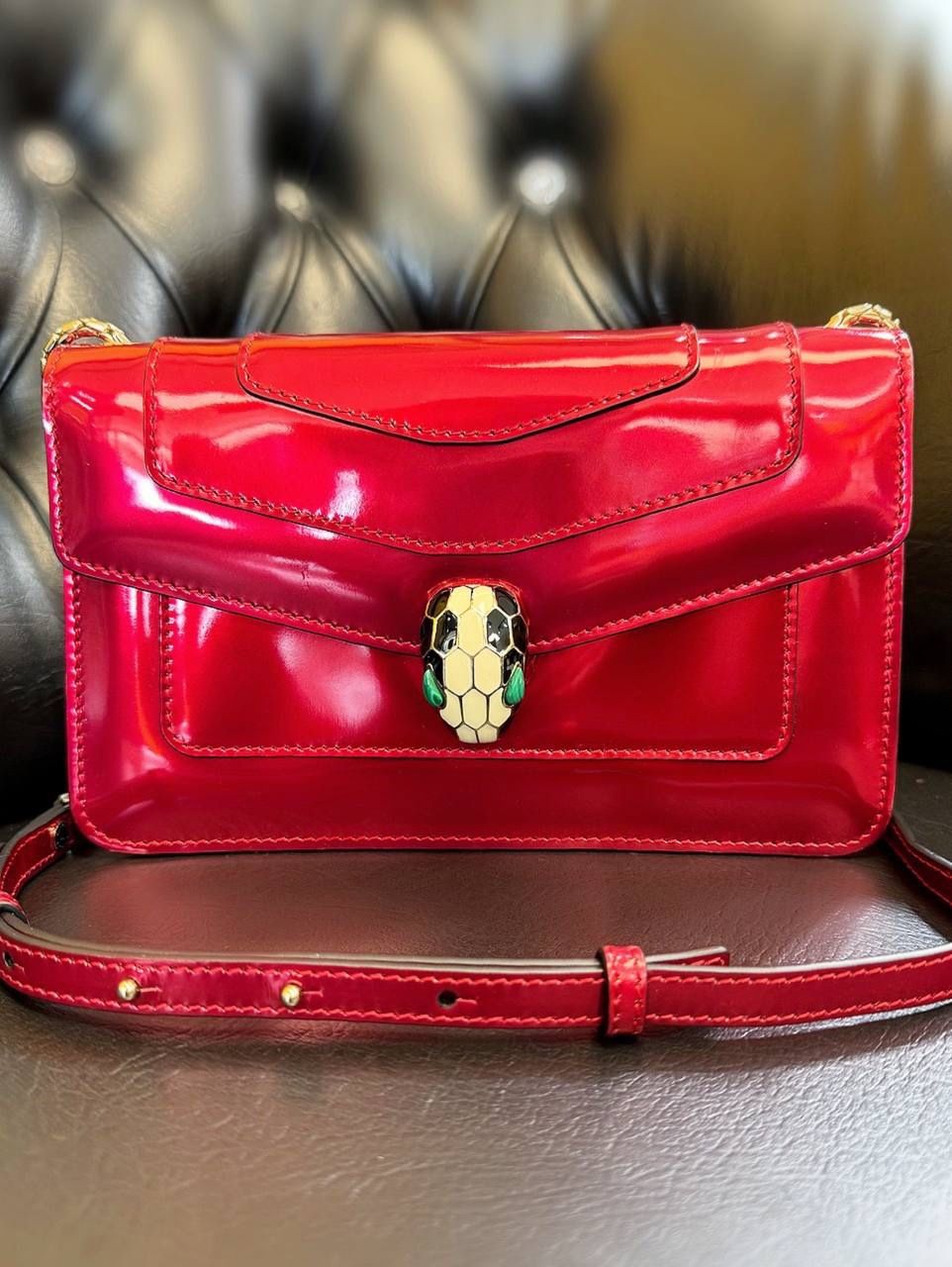 Bvlgari Serpenti Forever Square Crossbody Shoulder Bag Metallic Red Leather Small Tag& mirror