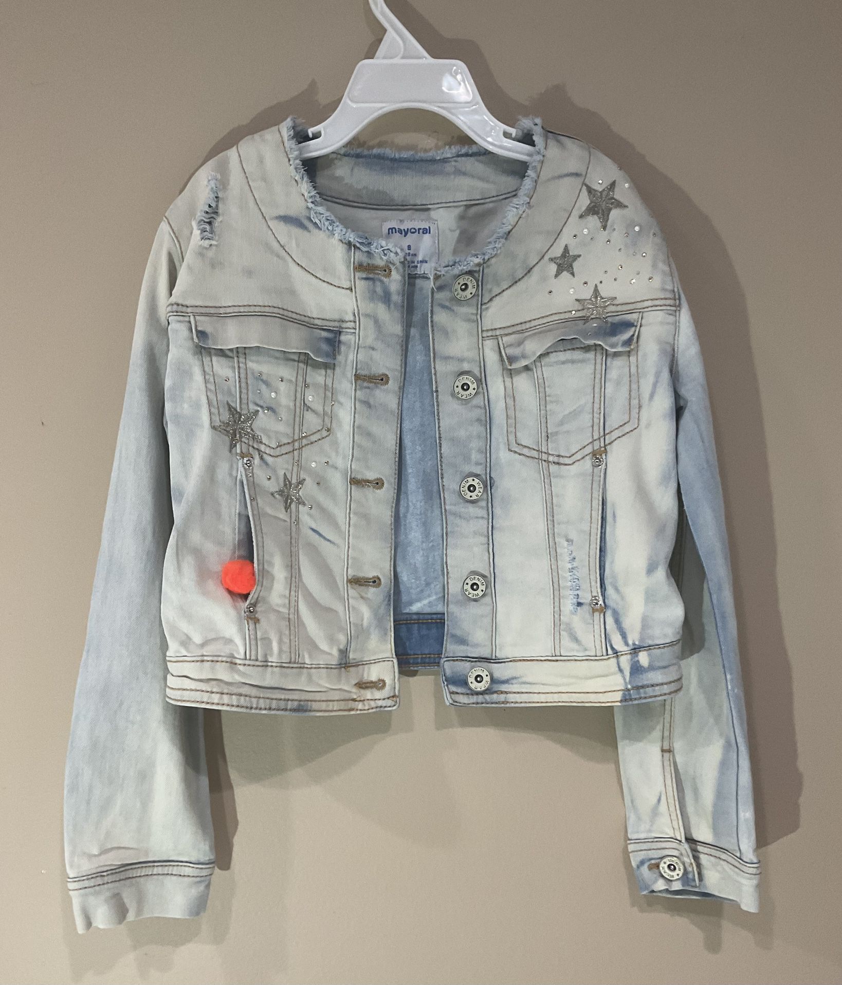 MAYORAL Girl’s Denim 4Pockets Silver Thread Stars Adorned Jacket, size 8