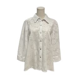 Alfred Dunner Blouse Womens M White Floral Lace Button Up 3/4 Sleeve Sheer Tunic