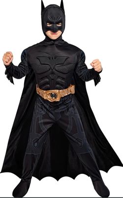 Batman Child Costume w/ a padded jumpsuit, attached gauntlets and boot tops, a utility belt, a separate cape, and a mask.