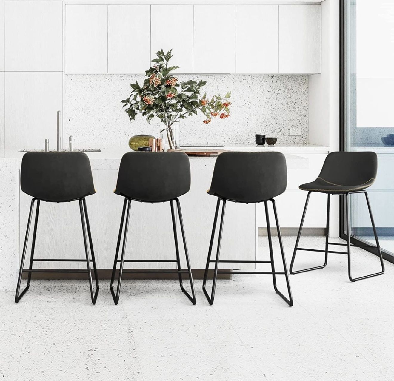 Indoor/Outdoor Black Industrial Faux Leather Bar Stools Set of 4