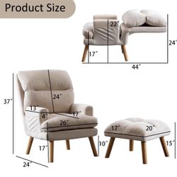 Beige Bedroom Chair | Accent Chair | Ottoman | Velvet Fabric | Mid Century Modern | Backrest | Side Pockets