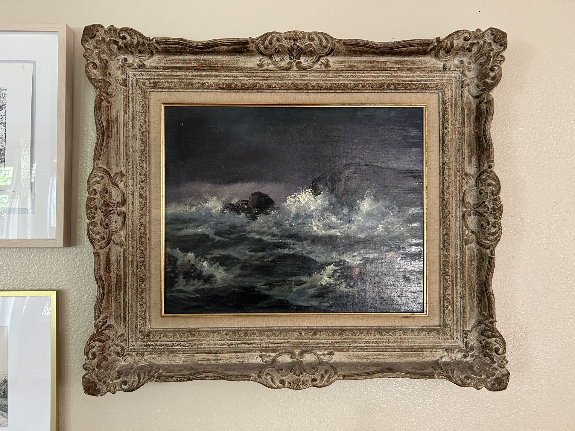 Dramatic Stormy Sea Oil Painting by Hardorf – Vintage Nautical Marine Art – Ornate Frame