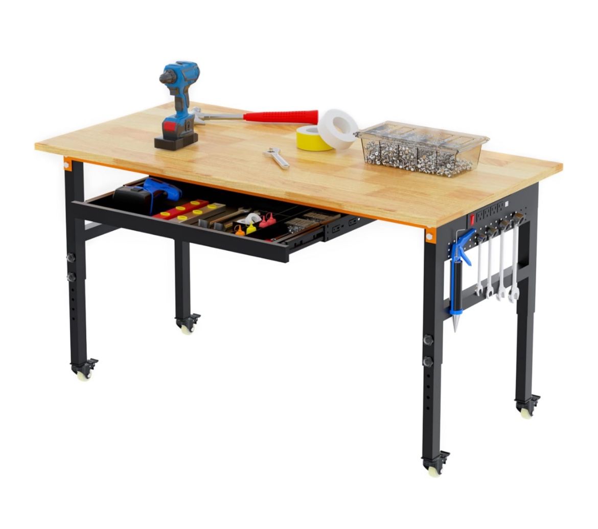 60" Adjustable Workbench on Wheels, 2000 LBS Heavy Duty Work Table with Power Outlets & Pegboard, Rubber Wood Workstation for Garage, Workshop, Office