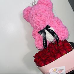 Rose Heart Arrangement With Rose Teddy Bear