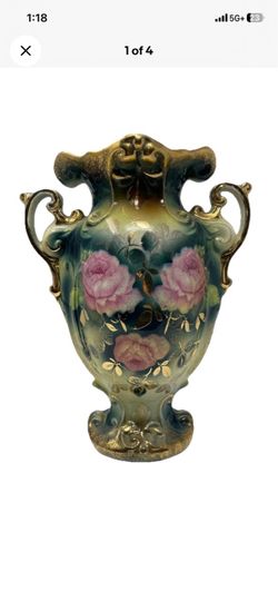 Vintage Hand Painted Porcelain Urn Vase Gold Gilt Roses Handles