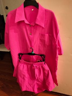 Women's Pink Button Down Shirt and Shorts Set