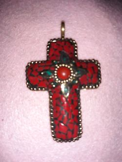 Red Coral and Turquoise Cross pendant