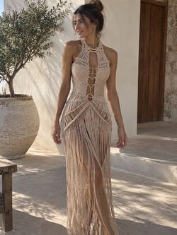 Women’s Beige Macrame Fringe Dress