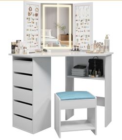 New White Vanity Desk with Lighted Mirror, 5 Drawers & Stool