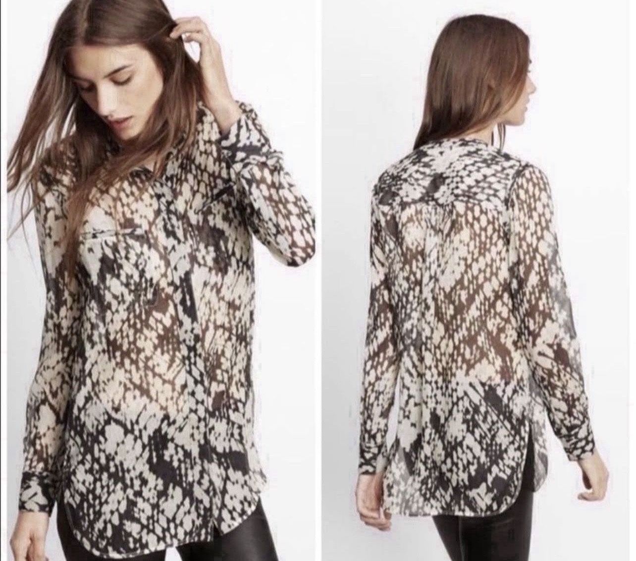 Vince Basketweave 100% Silk Button Down Abstract Printed Blouse Size 8