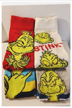 Dr. Suess ☠️ THE GRINCH ☠️ 4-Pair of Novelty Crew Socks - Fits Shoe Size 8-12 *NEW*
