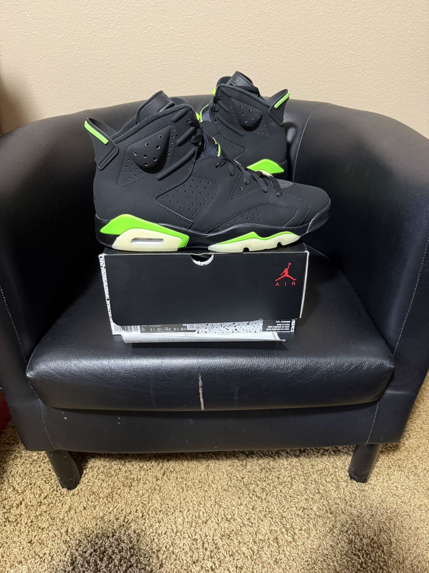 Brand new Air Jordan Electric Green 6’s size 13 with original boxes and proof of purchase. 