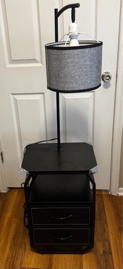 Floor Lamp with Table, End Table with Charging Station&Light, Black
