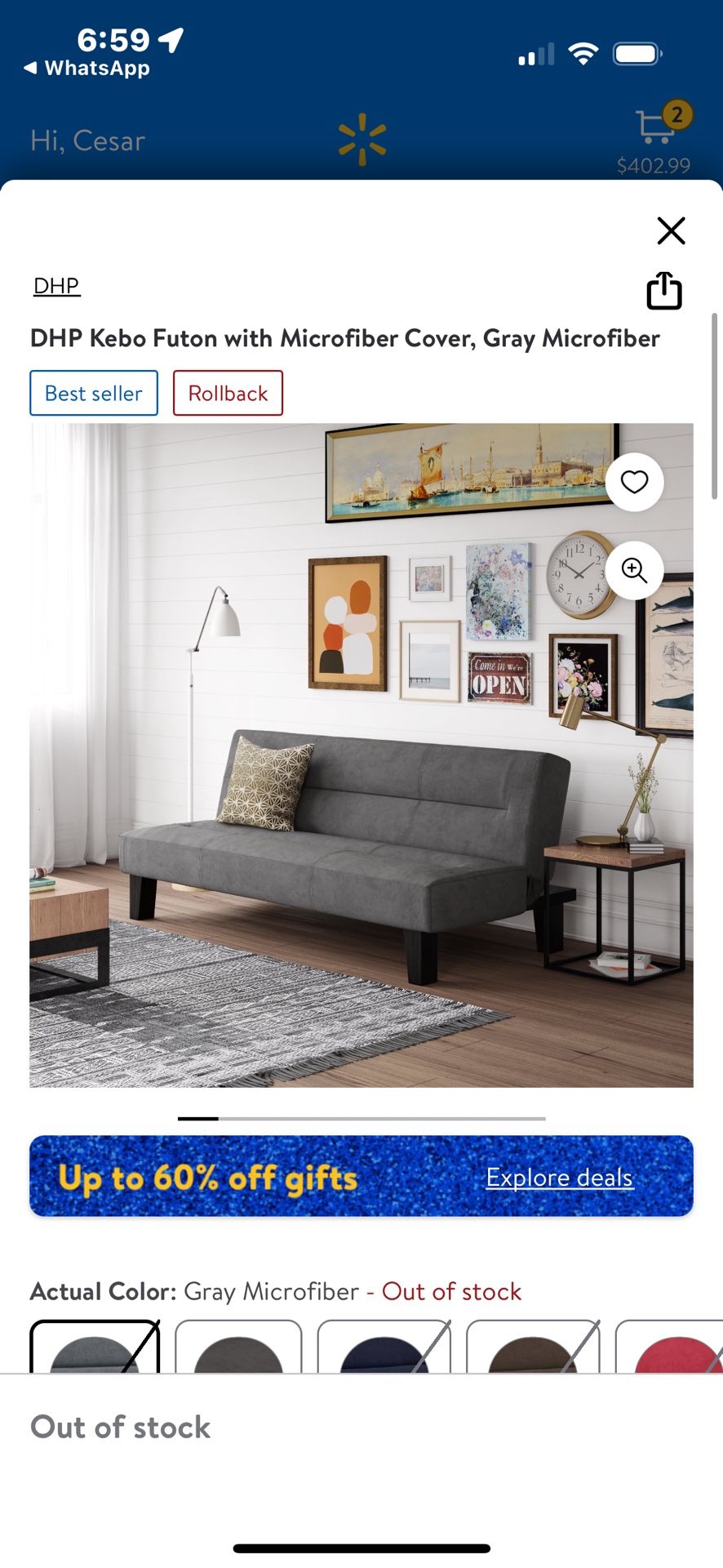 DHP Kebo Futon with Microfiber Cover Gray Microfiber