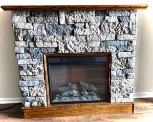 Faux Stone Electric Fireplace with Wooden Mantel