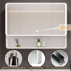 New Beige 35"x28" Lighted Medicine Cabinet Bathroom Mirror with Storage Touch Screen Switch Anti-Fog