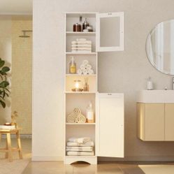 Tall Storage Cabinet with Lights, Slim Freestanding Cabinet with Adjustable Shelves, for Small Spaces, Bathroom, Living Room, Modern, 11.8 Inches Wide