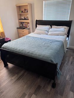 queen size bed frame w/ mattress and box spring + Dresser with mirror