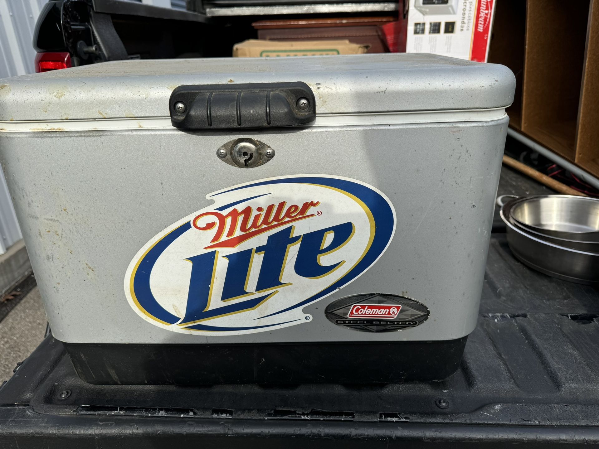 VINTAGE COLEMAN 54 Quart MILLER LITE STAINLESS STEEL Belted COOLER ICE CHEST Camping Fishing