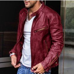Men Leather Red Jacket Fashionable, Size L Clothes, Motorcycle,  Long Sleeve. 
