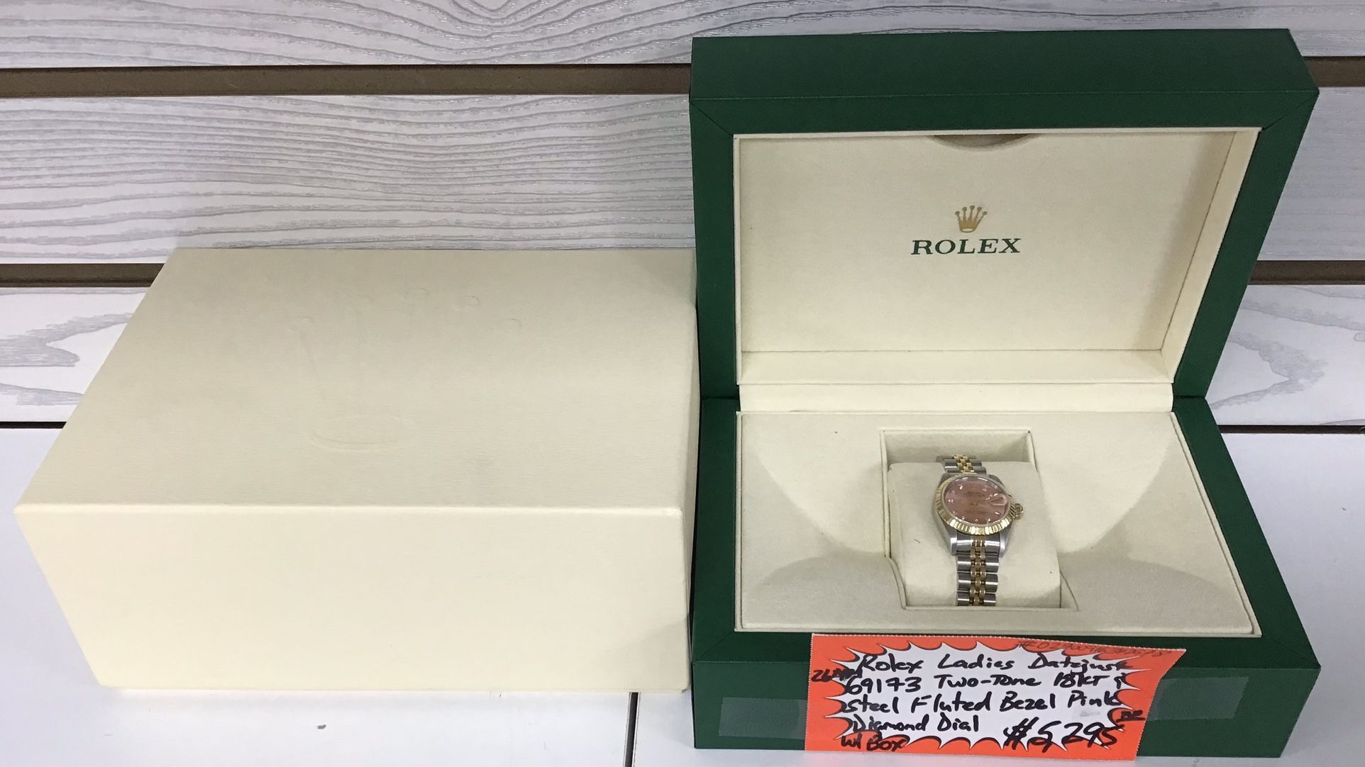 Rolex Ladies Datejust 26mm 69173 Two-Tone 18kt & Steel Fluted Bezel Pink Diamond Dial W/ Box 