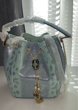 New Metallic Light Blue Mint Snake Leather Bucket Bag Purse Gold Chain