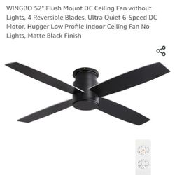 WINGBO 52" Flush Mount DC Ceiling Fan without Lights, 4 Reversible Blades, Ultra Quiet 6-Speed DC