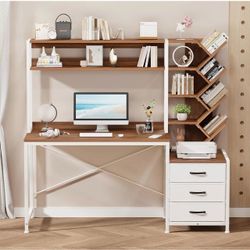 White & Brown Computer Desk With Bookshelf