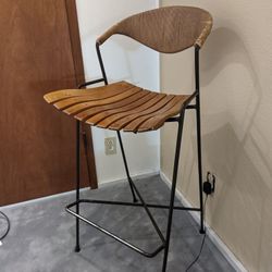 MCM Barstools By Arthur Umanoffl Woven Back Wrought Iron Frame Wood Seat  Mid Century modern Chair stool