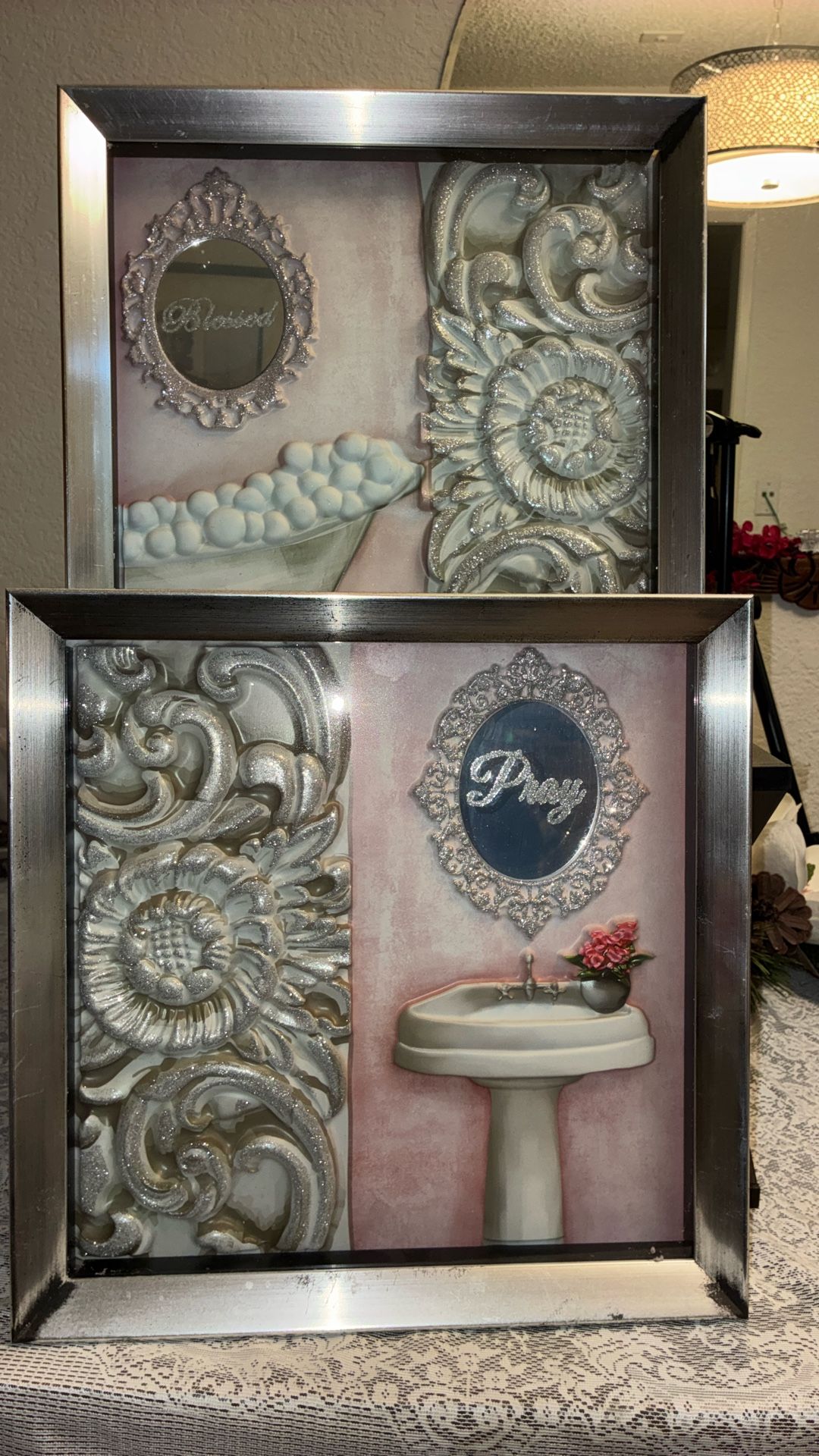 ✨ Bathroom Wall Art Set – “Blessed” & “Pray” – 3D Textured Frames ✨