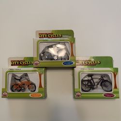 Vintage ZEE TOYS Mini CITY CYCLES: Metal Die-cast @ 1/20 Scale.  FULL SET OF THREE IN BOXES.