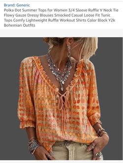 Polka Dot Summer Tops for Women 3/4 Sleeve Ruffle V Neck Tie Flowy Gauze Dressy