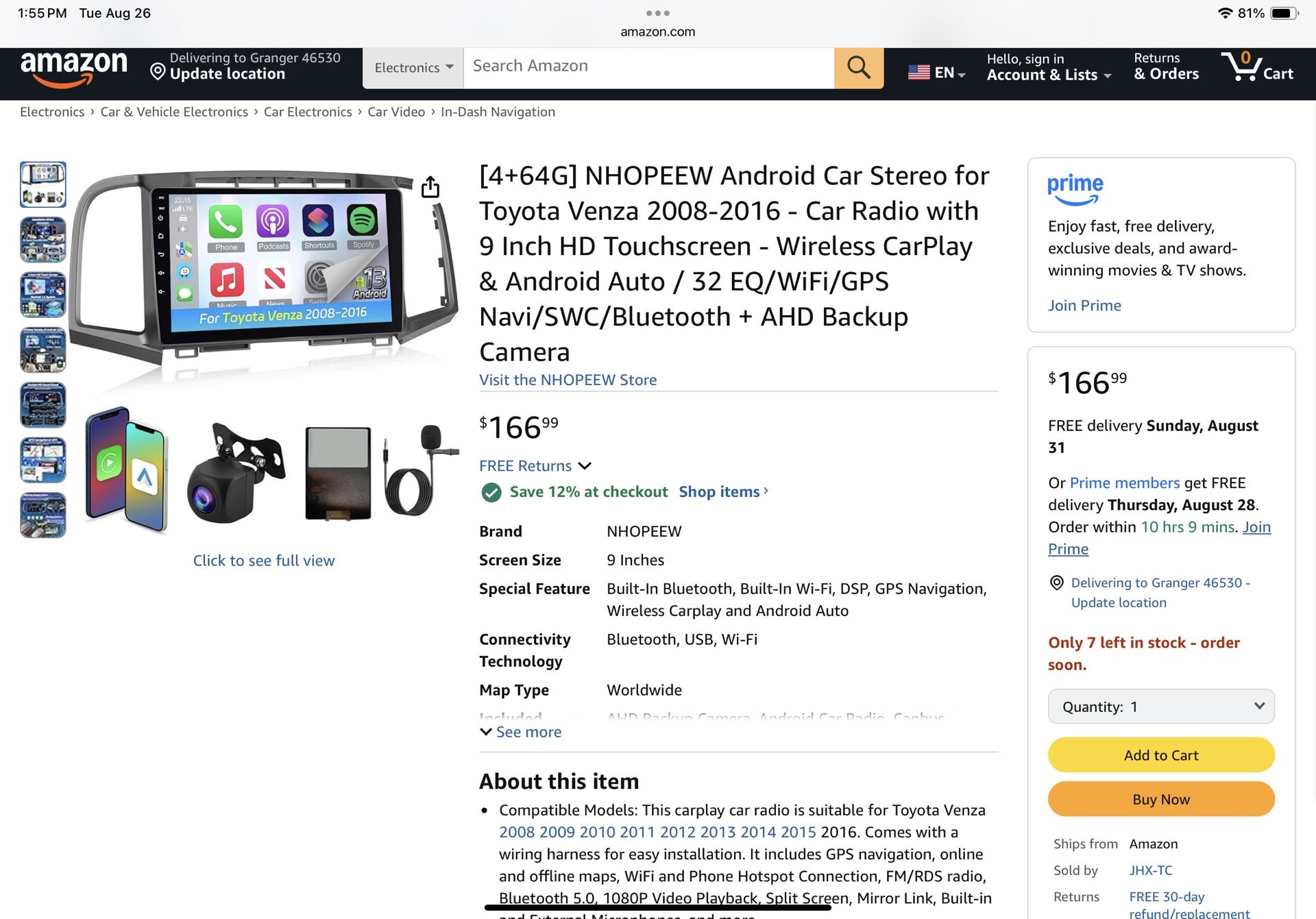 [4+64G] NHOPEEW Android Car Stereo for Toyota Venza 2008-2016 - Car Radio with 9 Inch HD Touchscreen - Wireless CarPlay & Andro