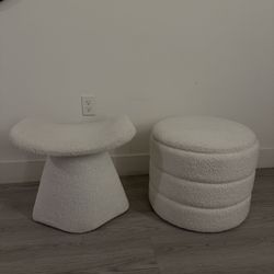 White Teddy Fur Fabric Vanity Stool + Storage Ottoman 