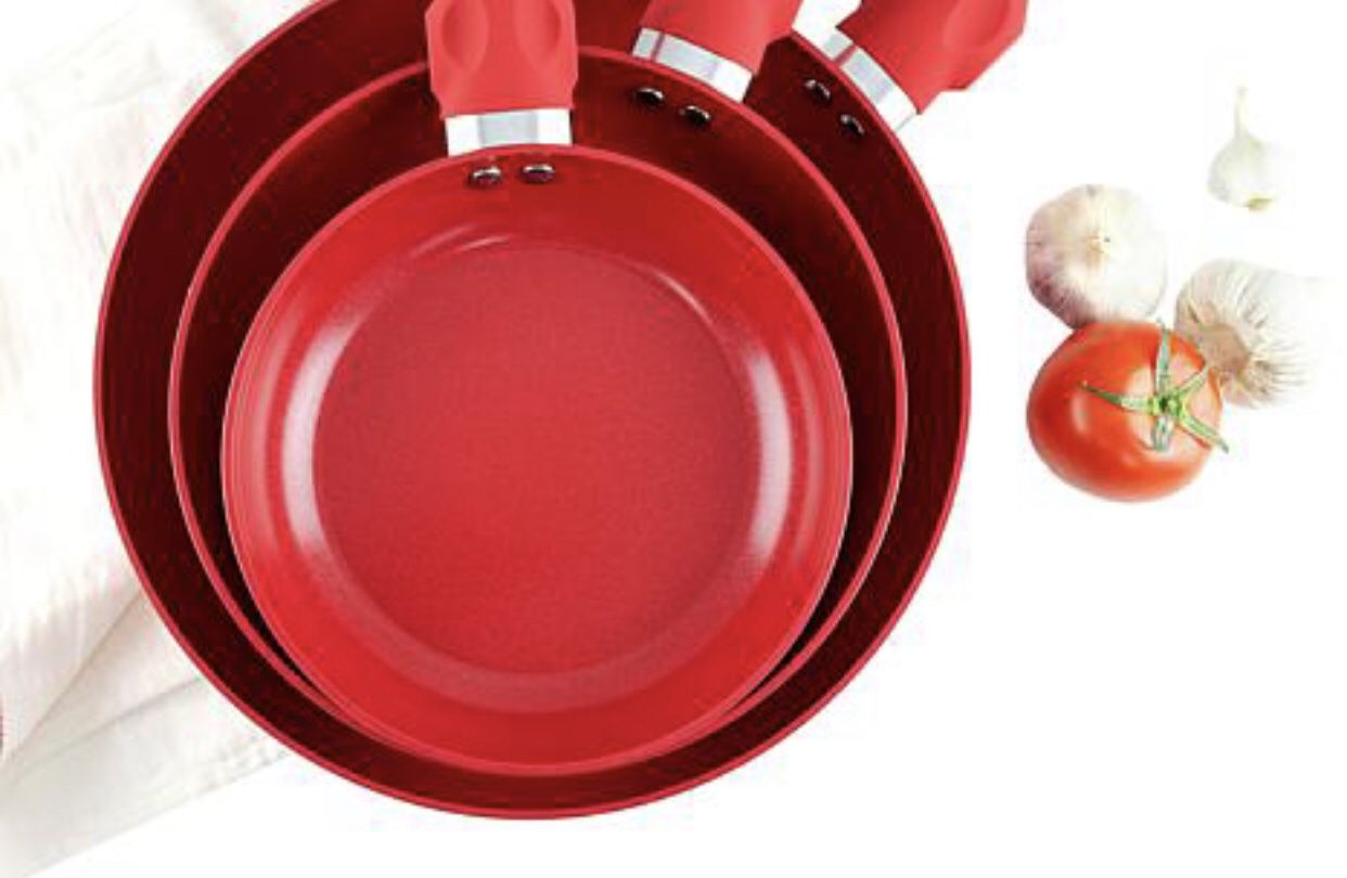 Red Safe-T-Grip 3pc Set Ceramic Nonstick Frypans