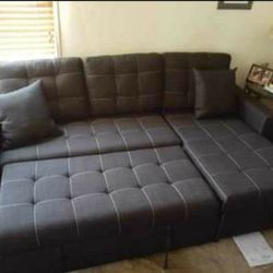 2pcs Sectional Sofa w/ storage chaise & pullout bed