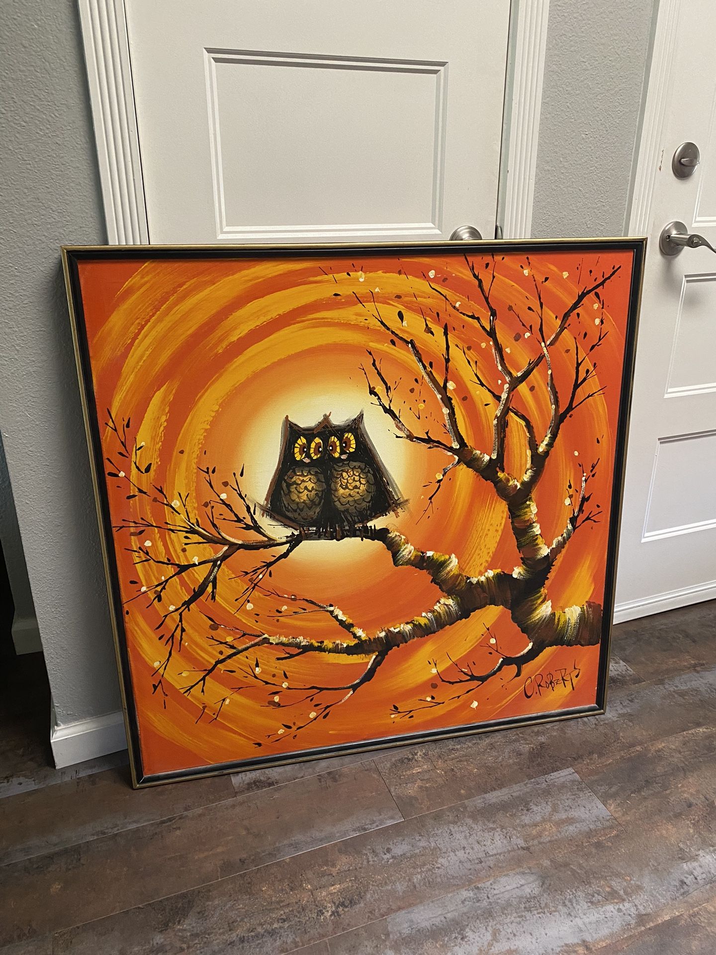 Pair Of Owls Oil Painting By c Roberts Mid century Halloween Art