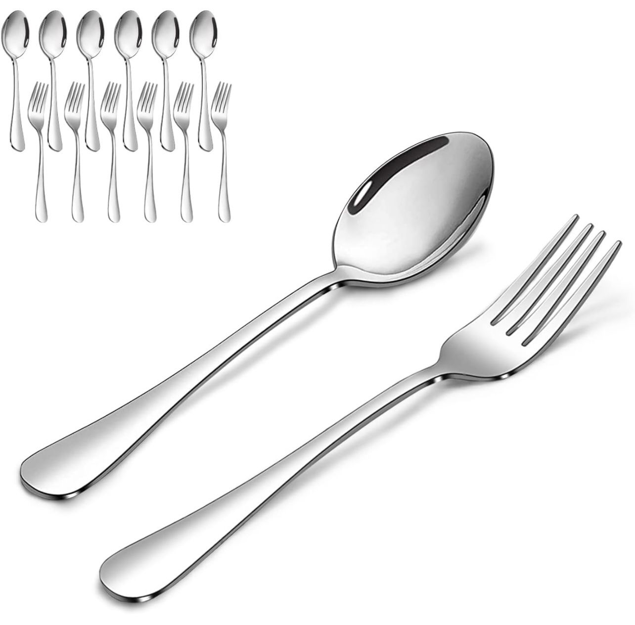 Spoon and Fork Set of 12, 6PCS Stainless Steel Dinner Forks and 6PCS Spoons Silverware Set, Dishwasher Safe (Silver 7.3 Inch)