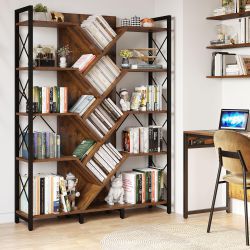 Industrial Tree Bookshelf and Large 5 Tier Bookcase, 70.8" H Tall Standing Book Shelves