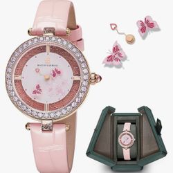 Women Watches Moving Butterfly Hands Blue Dial with Genuine Leather Strap Watch for Women Butterfly Watches Womens Wrist Watch