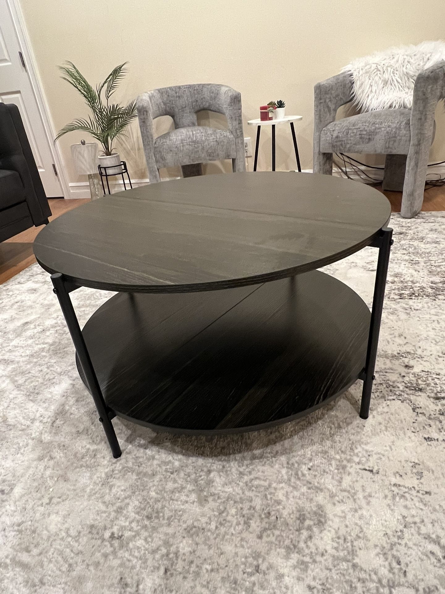 Round Coffee Table for Living Room, 32.6" Small Coffee Table with Open Storage Shelf, 2-Tier Industrial Circle Wood Center Table for Bedroom, Ho