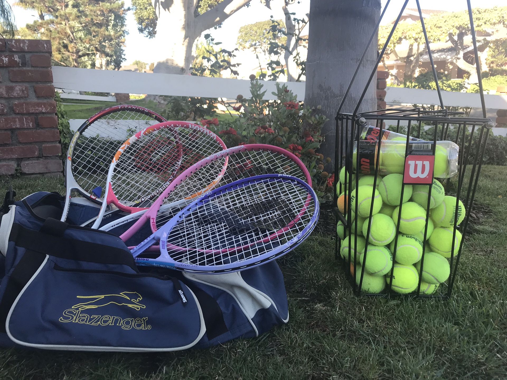 4 Tennis Rackets + Ball Hopper + Balls + Bag + Shoes!