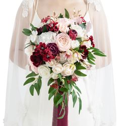Ling's Moment Burgundy Bridal Bouquet For Bride, 13 Inch Romantic Marsala Wedding Bouquets For Bride, Silk Round Artificial Wedding Flowers Bouquets