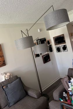 Modern 3-Light Arc Floor Lamp with Grey Drum Shades